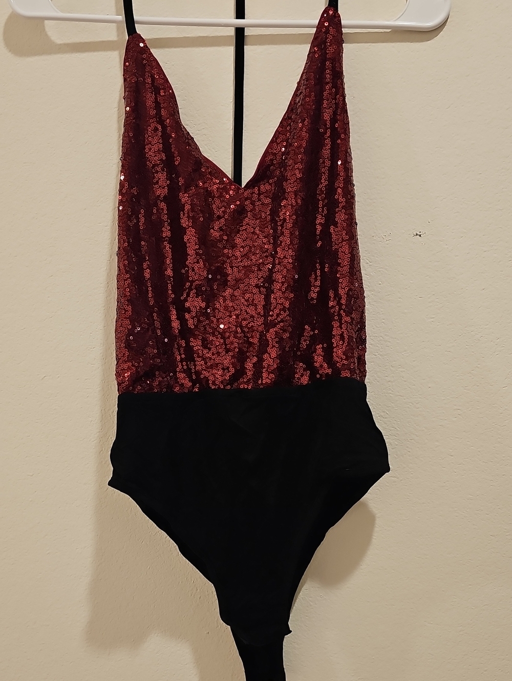 SHEIN Burgundy Sequin Spaghetti Strap Bodysuit with Black Bottom